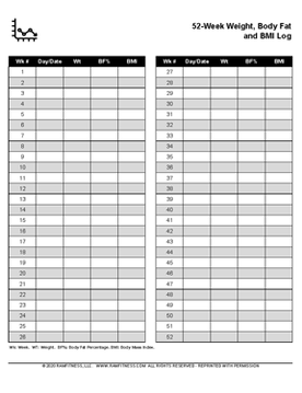 Free Printable 52-week weight, body fat percentage and BMI tracking log chart