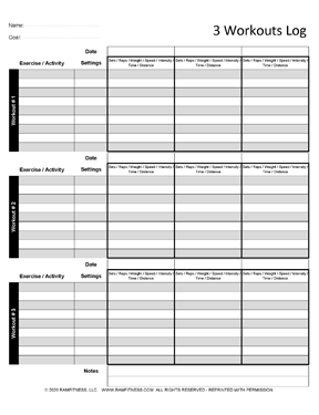 Free Printable 3 workouts Log Chart