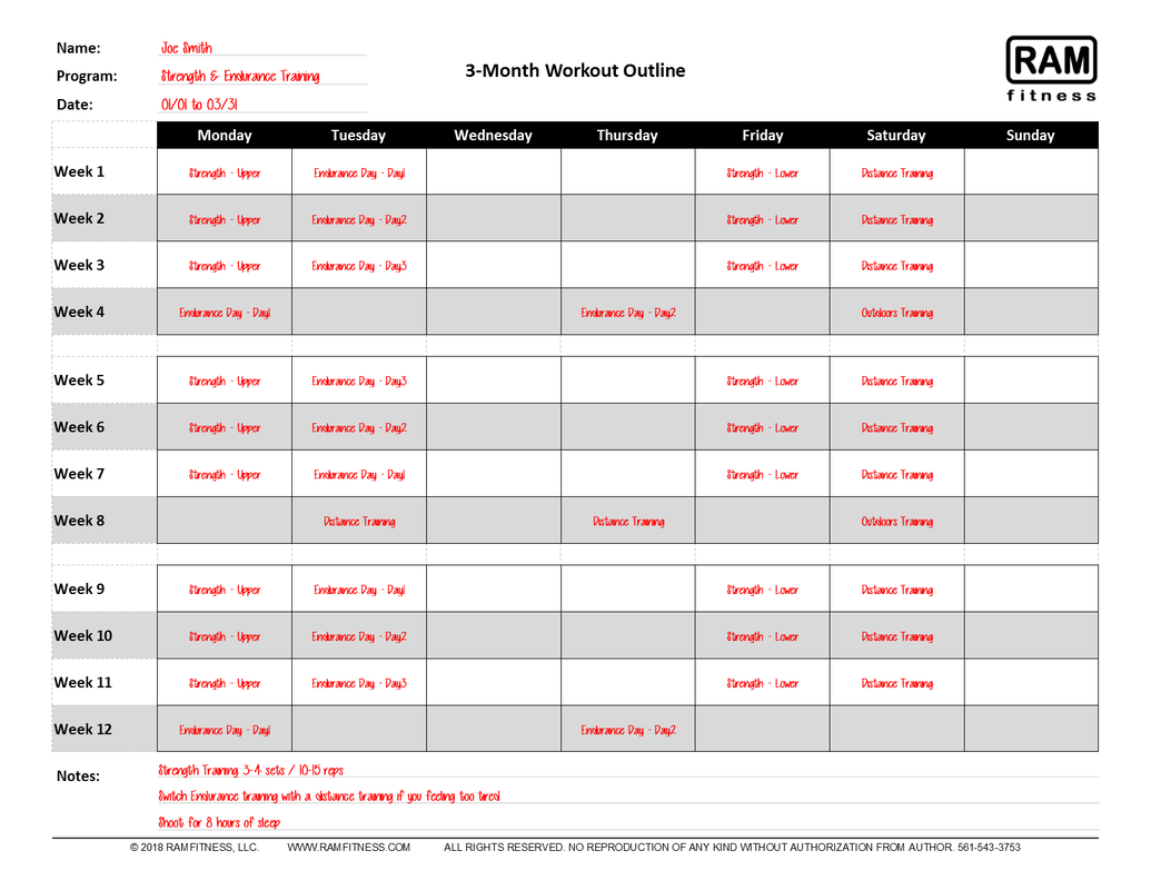 Printable 12-week 3-month Exercise Planner