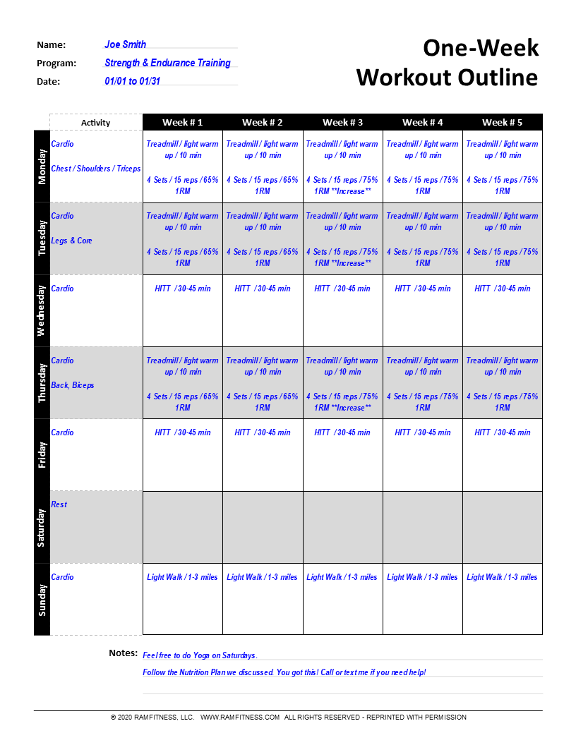 Free Printable One-Week and workout outline calendar Log Chart