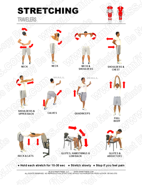 Free Printable Stretching Guide for Traveling Professionals. Travelers Stretching Routine. Stretches for traveling. Stretching at work. Stretching on the go.
